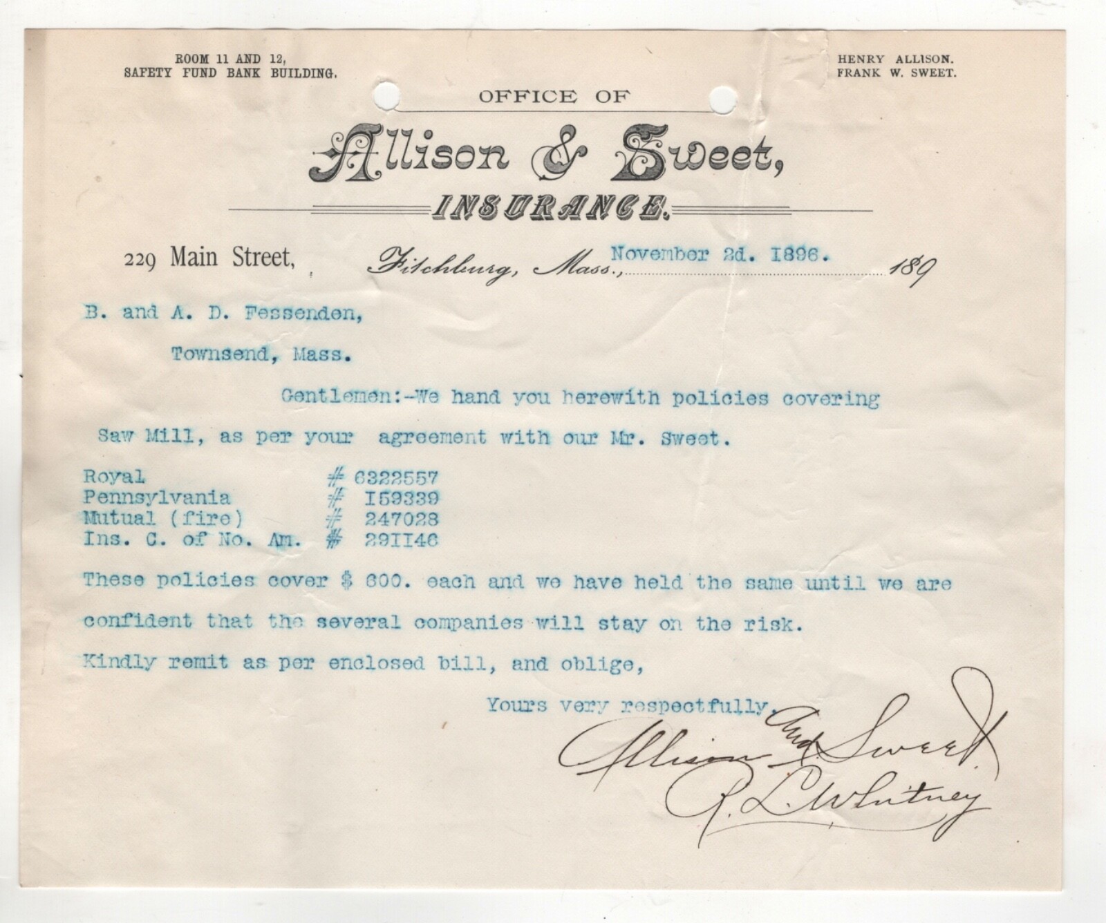 1896 ALLISON SWEET INSURANCE FITCHBURG MASS SAFETY FUND BANK BLDG