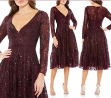 NWT $498 Mac Duggal Size 16 Lace Embellished Long Sleeve Ruffle Dress Wine #S773