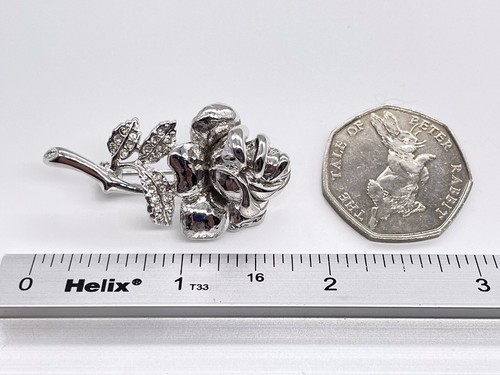 Rose Brooch With Diamante Accents Silver Tone Plated Metal - Picture 3 of 5
