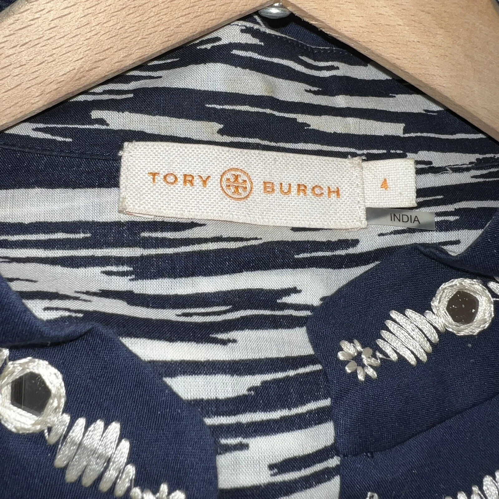 Tunica TORY BURCH impreziosita manica lunga ricamata blu bianca taglia 4