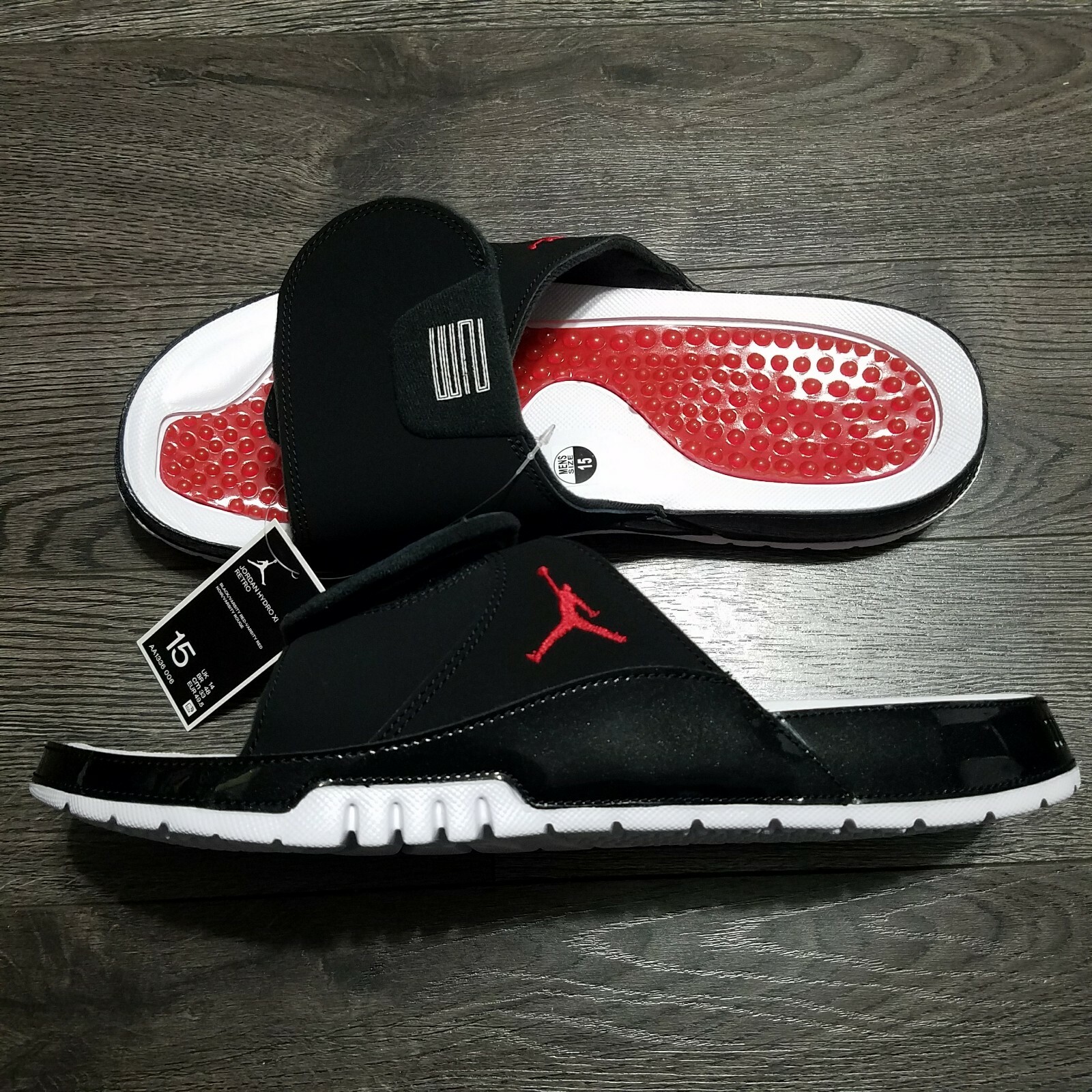 NIKE Air Jordan Hydro 11 XI Retro Slides Mens 15 Bred Black Red White Sandals
