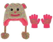 CAPELLI NEW YORK INFANT GIRL'S MONKEY KNIT EARFLAP HAT & GLOVES SET - 12 - 24 M