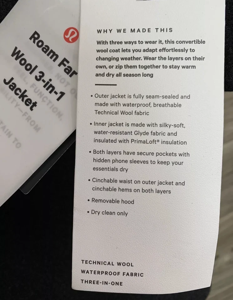 NUEVO $548 Lululemon Roam Far Lana 3 en 1 Chaqueta Parka Abrigo Jaspeado Negro Talla 4 Foto 4 de 4