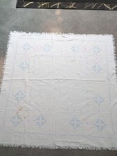 Vintage Embroidered Square Tablecloth With Pink + Blue Design