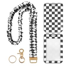 Scrunchie Lanyard/Stretchy Lanyards with ID Holder Checkered Pattern Black