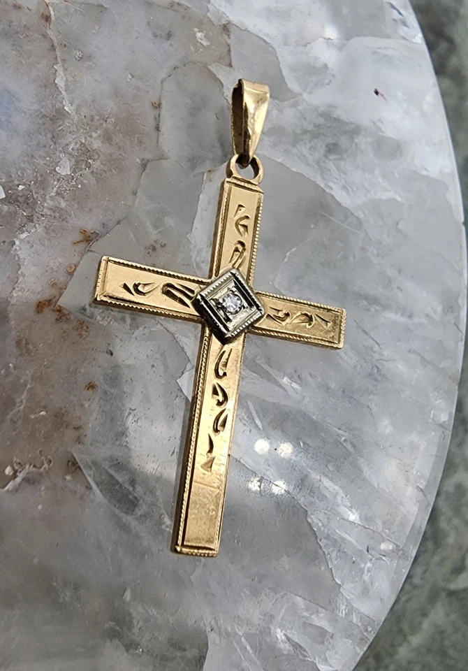 Colgante de oro de 10 k .417 Art Deco con diamantes de 0,01 quilates cruz de 1" Au 25110 Foto 3 de 4