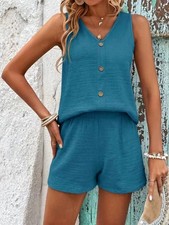 Womens Tracksuit Summer Beach Button V Neck Tank Tops + Shorts Loose Co Ords SeT