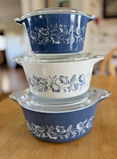 Set of 3 PYREX Vintage Colonial Mist Blue White Casserole 475 + 474 + 473 w/Lids