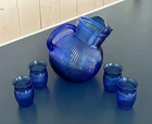 HAZEL ATLAS COBALT RITZ BLUE LG FINE RIB DEPRESSION GLASS PITCHER + 4 TUMBLERS