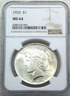 1925 Peace Silver Dollar NGC MS64 Original Gorgeous Luster PQ #Y269L