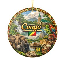 Congo Collage Round Ceramic Ornament, Congo Flag, Jungle Wildlife, Culture