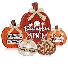 5 Pcs Hello Fall Pumpkin Decor for Home Autumn Wooden Table Centerpiece Spice