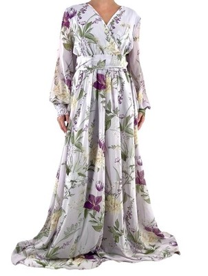 floral chiffon dress for wedding V-Neck Long Sleeves Chiffon Floral A-Line Mother of Bride Dress – Liymc main image 1