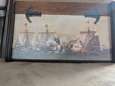 Vintage Price Import Japan Wood Jewelry Chest with Image of a Ship Battle - Image 1 of 3