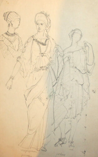 Vintage pencil painting portrait theater costume design Roman woman