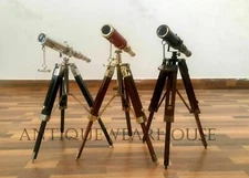 Set of 3 Solid Brass Pirate Spyglass Telescope With Wooden Tripod Stand Décor