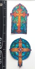 Lot of 2 Stained Glass Fancy Windows Crosses SINGLE LAYER Embellishments 243