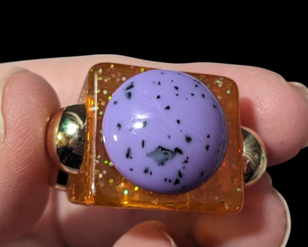 Chunky Translucent Orange Glitter Ring With Gold … - image 5