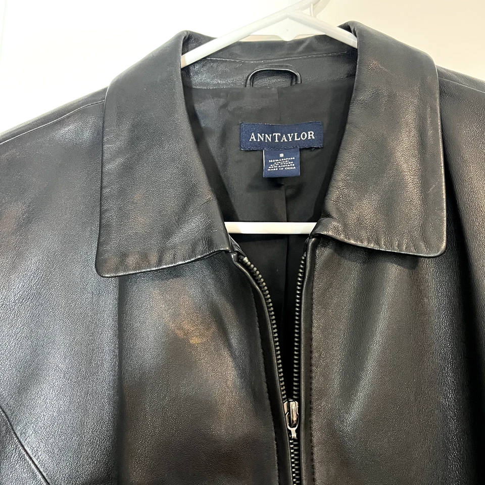Chaqueta vintage Ann Taylor para mujer pequeña de cuero negro estilo motocicleta abrigo Foto 2 de 3