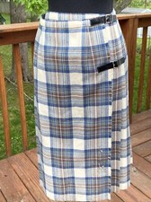 Unbranded Vintage Cream/Blue 100 Wool Pleated Skirt Size 10 Made in Gr Britain