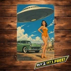 Retro UFO Alien Pinup Lady Metal Sign Vintage Sci-Fi Tin Wall Decor