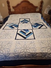 Hand Made Queen Quilt Blue Embroidery With Windmill Fan Hand Quilted By Me