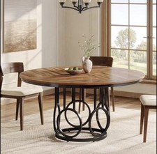 Round Dining Table 4-6 Seater Large Modern Kitchen Table Metal Base Brown Black