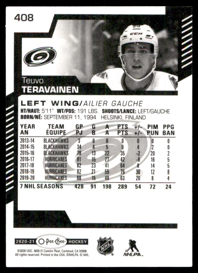 2020-21 O-Pee-Chee Teuvo Teravainen Carolina Hurricanes #408 - Image 2 of 2