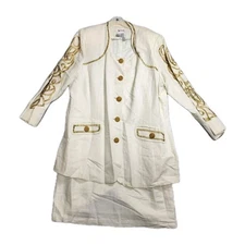 Women Vintage Vango PARIS Linen Skirt Suit Embellished Beaded Plus Sz 24 Vanilla