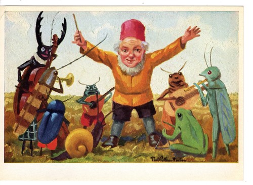 Wichtel mit anthropomorphem Insektenband - signierter Künstler - Vintage Fantasy Kunst Postkarte