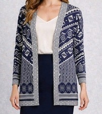 Aztec Cardigan Sweater Medium Blue White Knit Open Front soft comfy Boho Hippie