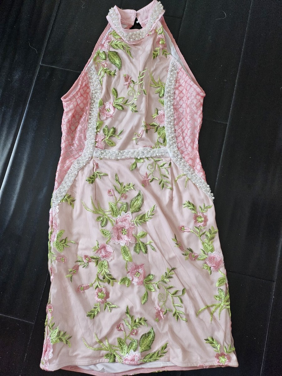 Prettylittlething premium blush embroidered lace bodycon dress uk10 us 6 |  eBay