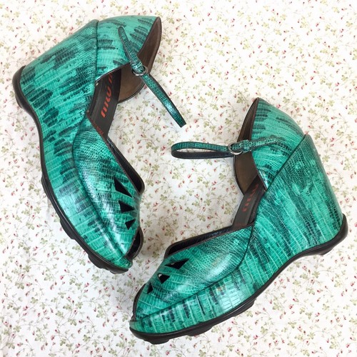 Miu Miu Green Jungle Snake Print Leather Chunky Platform Heels Womens 37.5 / 7.5 - Picture 3 of 12