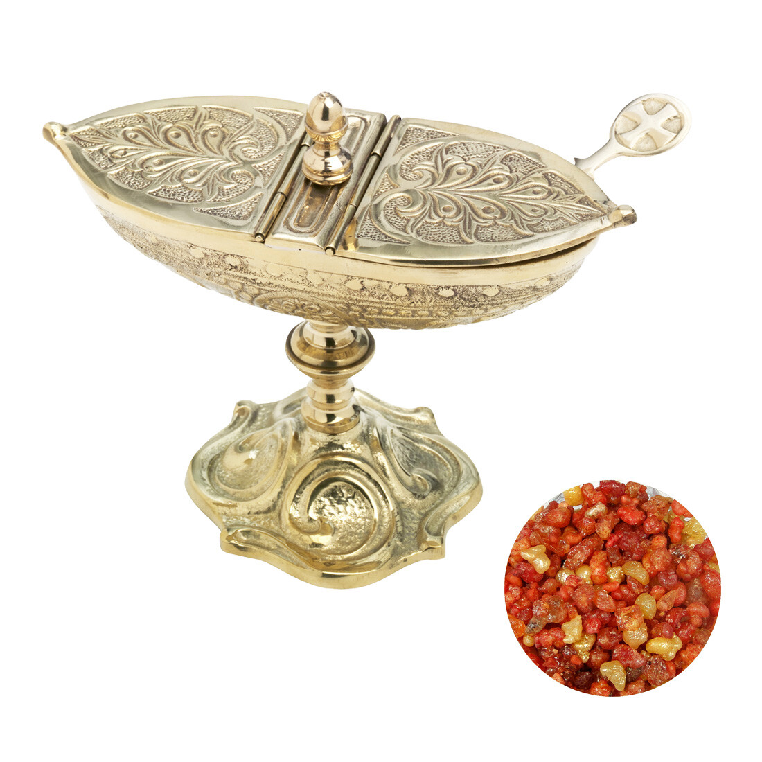 3tlg Set Weihrauchschiffchen Gelbgold mit Löffel 100g Salomo Weihrauchmischung