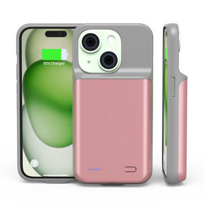 For iPhone 15 Plus Pink External Battery Charger Case Power Bank Charging Cover
