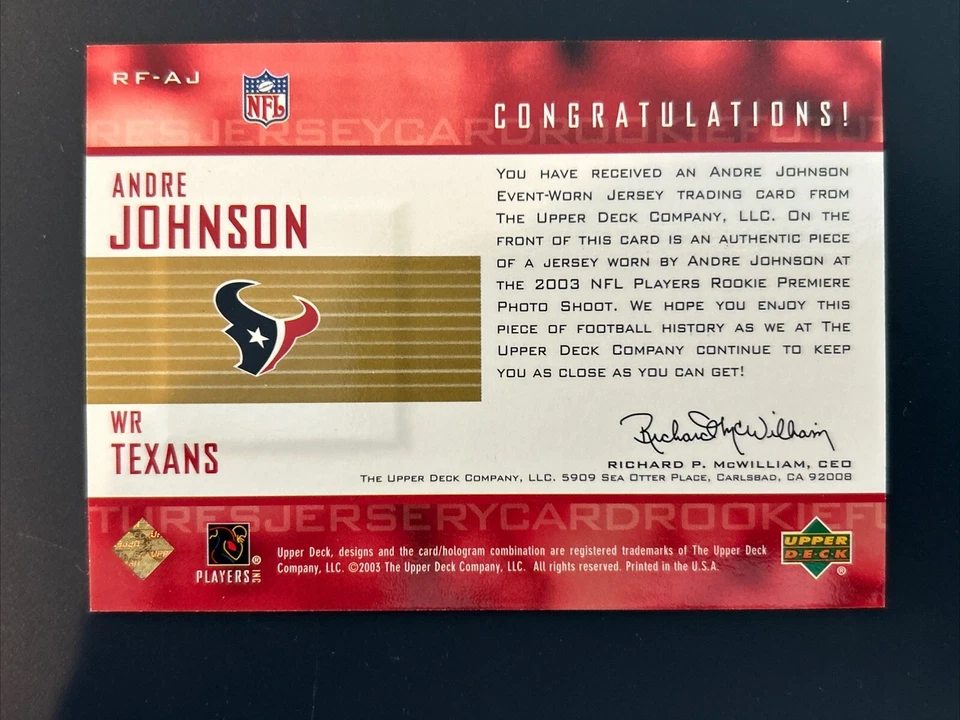 2003 Upper Deck Rookie Futures Gold 03/99 Andre Johnson #RF-AJ Rookie RC HOF - Image 2 of 3