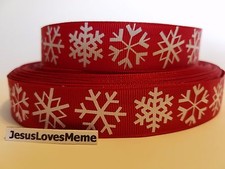Grosgrain Ribbon Snowflakes on Red Snow Christmas Scene Sleigh Riding Sled 7/8"