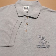 VTG USA MADE Cotton Deluxe Polo Shirt Gray GREAT WHITE SHARK Cape May NJ Men's L