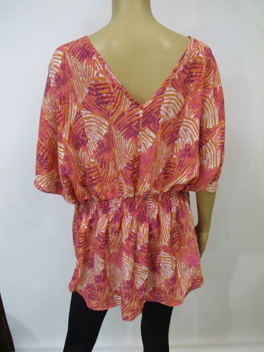 Kate & Mallory Plus Size Top V-Neck Smocked Waist Coral Printed Woven Top Sz 1X - Picture 5 of 5