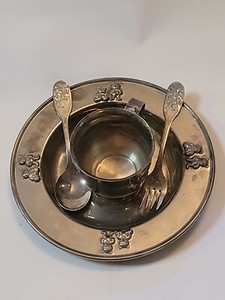 Feeding Set Vtg Silver Plated Metal Baby Infant Teddy Bear Bowl Cup Fork Spoon