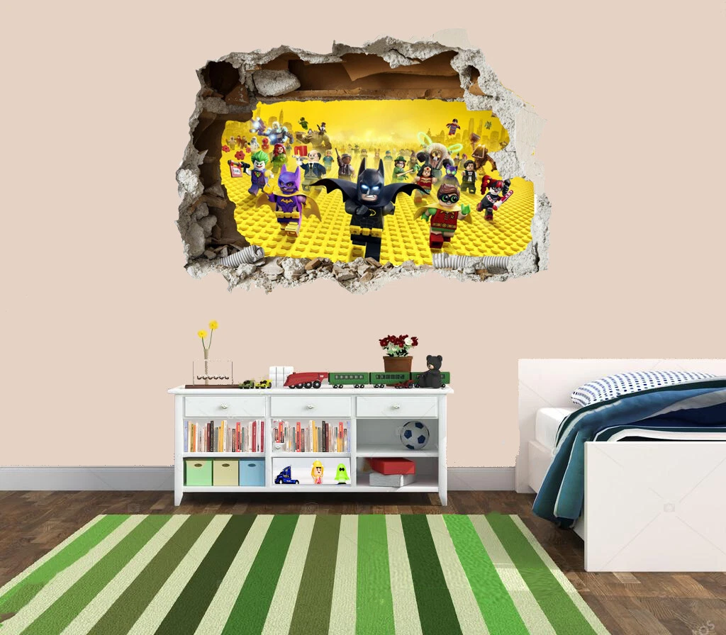 3D Smashed Wall Mural Lego Batman Wall Sticker Superhero Room Wall Art