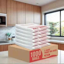 1000 Count White Thank You Bags with Handles 12" x 6.5" x 21" Plastic Carry B...