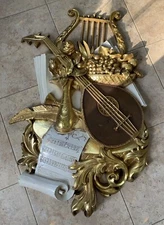 VTG Syroco Gold MCM Harp Lute Sheet Music Wall Hanging Art 30”H, #7238, USA