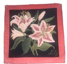 VTG Stargazer Lilies Needlepoint Embroidery Velvet 19.5  sq 15.75  Sq PLS READ