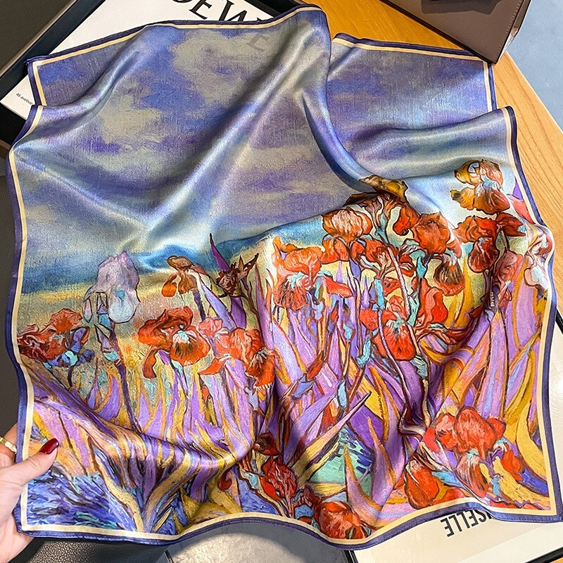 100% Silk Scarf Purple Oil Painting Floral Square Wrap 68cm for Women