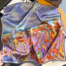 100% Silk Scarf Women Purple Oil Paiting Flowers Kerchief Square Tied Wrap 68cm