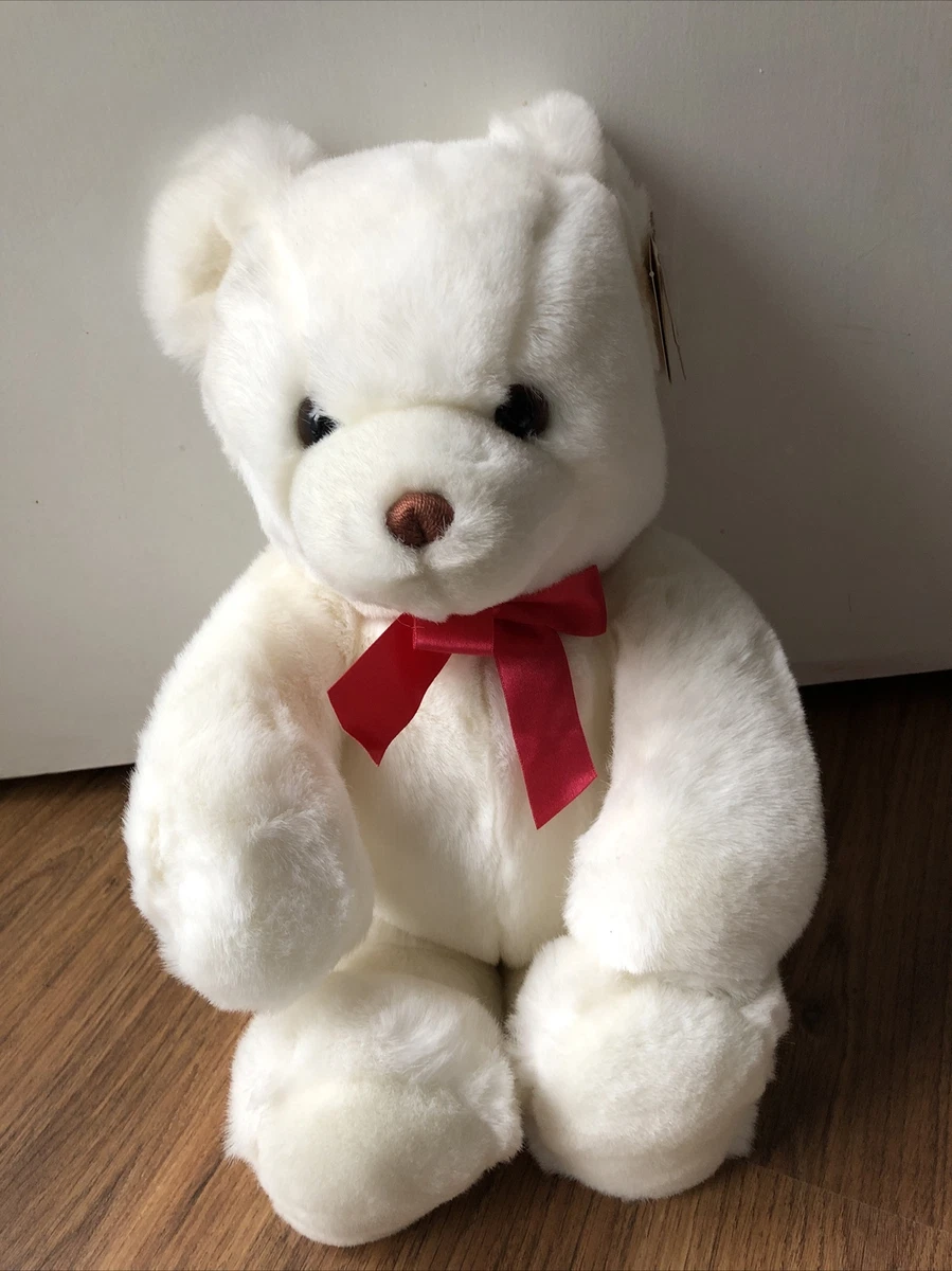 33 Cm Gund WHITE Teddy Bear With Red Bow Plush Stuffed Animal