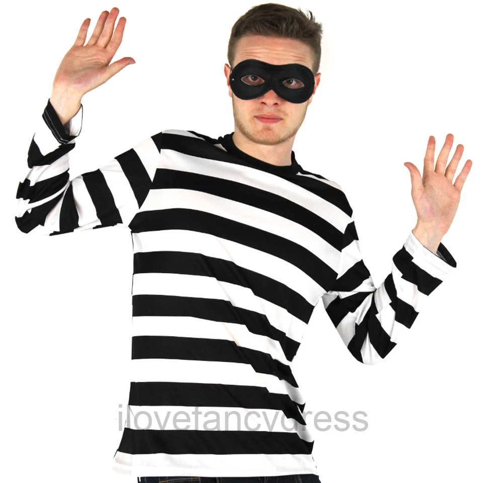ILOVEFANCYDRESS ADULT BURGLAR COSTUME ROBBER FANCY DRESS LONG SLEEVE STRIPE TOP AND EYEMASK