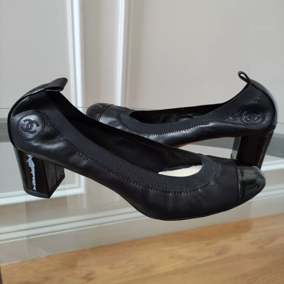 Chanel CC logo Stretch Spirit Cap Toe Patent Heel Pumps 40.5