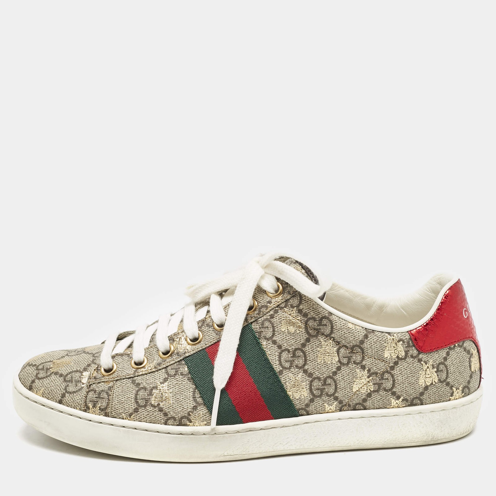 Gucci Beige GG Supreme Bee Print Canvas Ace Low Top Sneakers Size 37